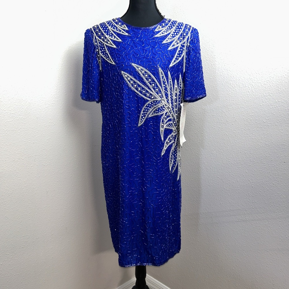 New‎ Vintage Jewel Queen Dress Women's Medium Blue 80's Hand-Beaded Silk Artsy